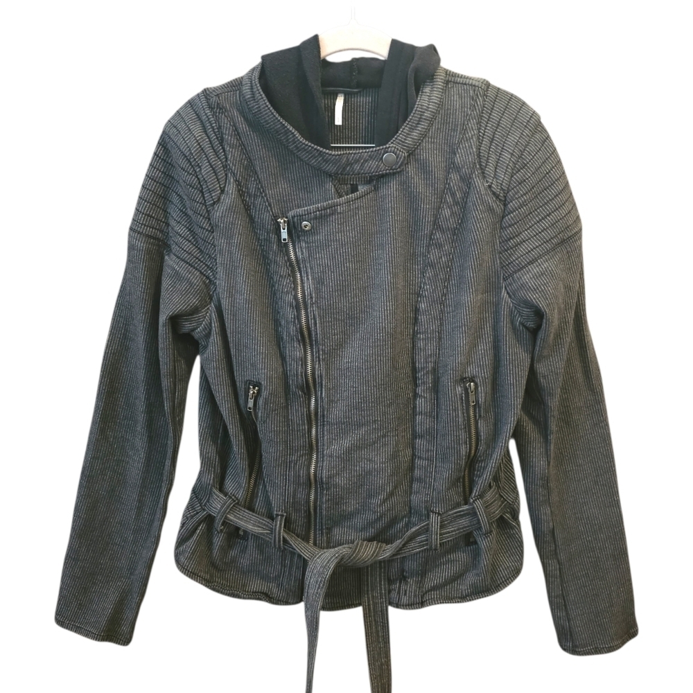 Free People Railroad Stripe Knit Hooded Moto Jacket.